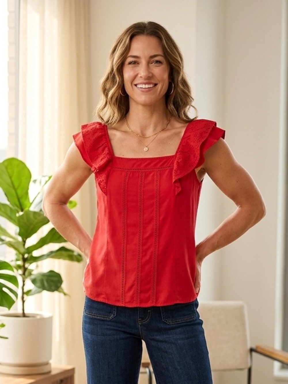Maurices Red Ruffle Sleeve Square Neck Top